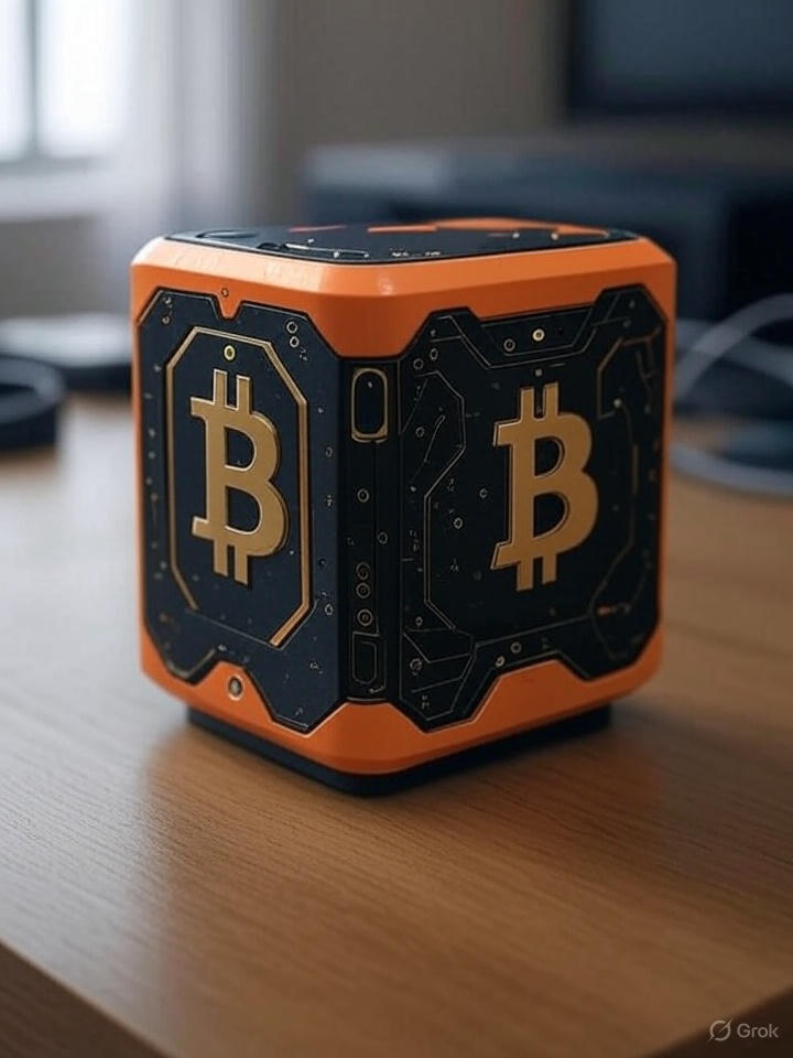 HeatMiner device — Bitcoin mining heater with gold symbols