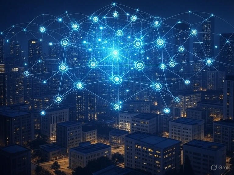 Blockchain network overlay on city skyline